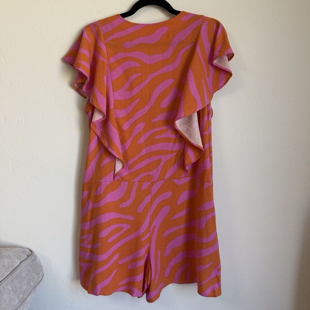 Hot Pink & Orange Zebra Animal Print Linen Blend Romper Artsy Resort Wear Medium - Picture 8 of 9